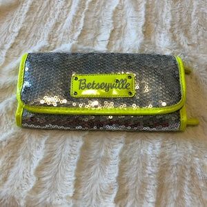 Betsey Johnson Silver and Neon Yellow Cosmetic Bag
